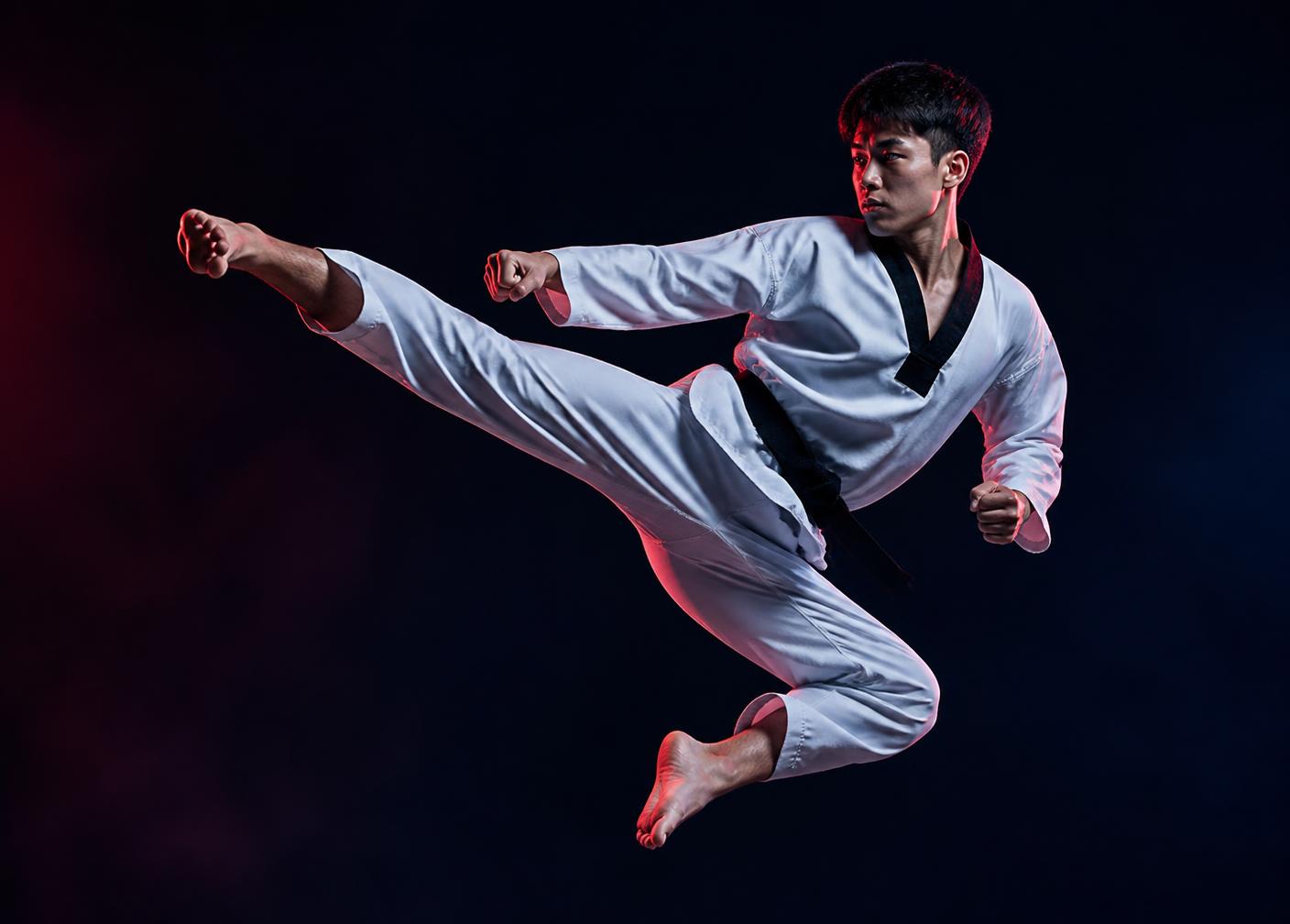 Keumsung Taekwondo black belt performing a jumping side kick